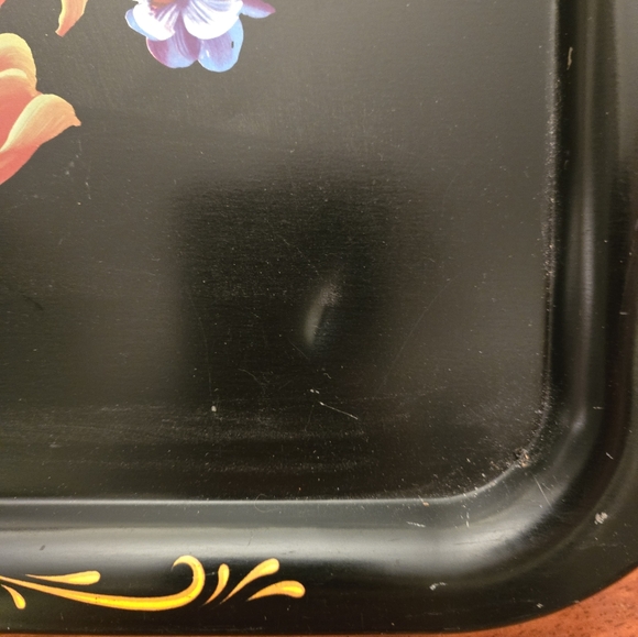 vintage hand painted toleware black floral metal tray - Picture 2 of 5